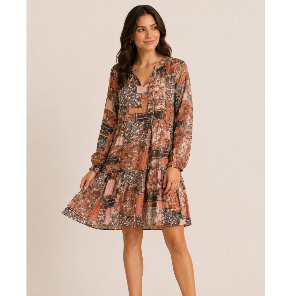 Hayden Paisley Patchwork Ruffle Neck Chiffon Tunic Dress
